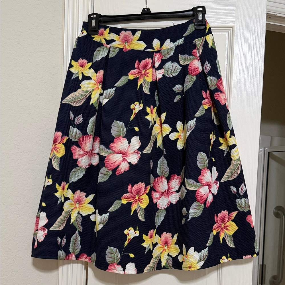 Floral A-Line Skirt - Navy with Pink and Yellow Flowers